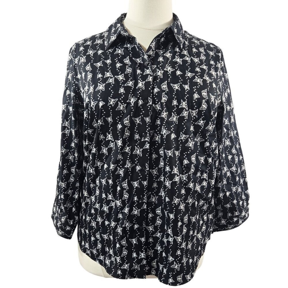 Coldwater Creek NWT 100% Cotton Black Butterfly Novelty Print Button-Up Shirt